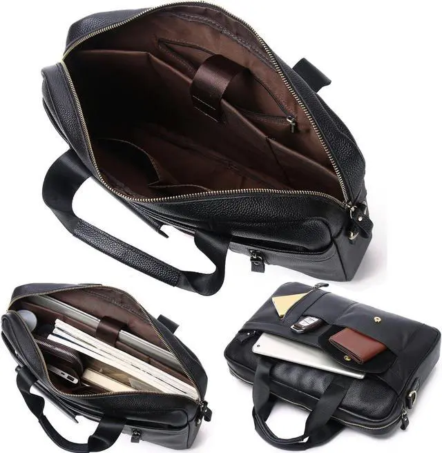 Alt view image 5 of 5 - Leather Messenger Bag for Men 15.6 inch Briefcase Computer Laptop Bag Leather Satchel Bag Retro Shoulder Bag for Office Business Travel Black