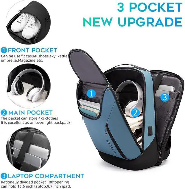 Alt view image 2 of 5 - BANGE Business Smart Backpack Waterproof fit 15.6 Inch Laptop Backpack with USB Charging Port,Travel Durable Backpack (Light Blue(three Pocket), Medium)
