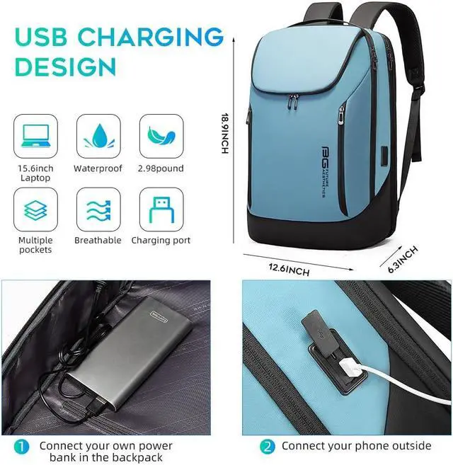 Alt view image 3 of 5 - BANGE Business Smart Backpack Waterproof fit 15.6 Inch Laptop Backpack with USB Charging Port,Travel Durable Backpack (Light Blue(three Pocket), Medium)