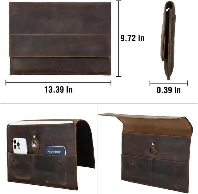 Alt view image 4 of 5 - CataPurus Top Grain Leather 13.3" Slim Laptop Sleeve Bag, Magnet Clasp Closure Design & 3 Pockets & Tracker Holder, Handmade, Compatible with MacBook Pro/Air 13.3"/Cellphone/Passport, Coffee 13.3 Inch