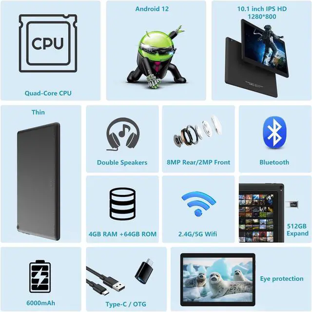 Alt view image 2 of 5 - 2 in 1 Tablet with Keyboard, Tablet 10 inch 4GB RAM+64GB ROM Support 512GB Expandable Android Tablet Computer, Quad-Core CPU, HD Screen, 2.4G/5G WiFi, Long Battery Life Tablets with Case Mouse Stylus