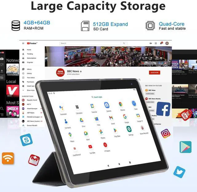 Alt view image 3 of 5 - 2 in 1 Tablet with Keyboard, Tablet 10 inch 4GB RAM+64GB ROM Support 512GB Expandable Android Tablet Computer, Quad-Core CPU, HD Screen, 2.4G/5G WiFi, Long Battery Life Tablets with Case Mouse Stylus