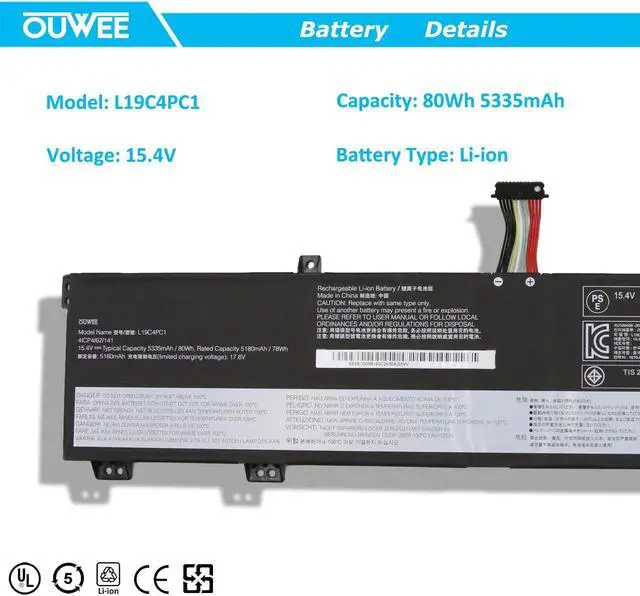 Alt view image 2 of 5 - OUWEE L19C4PC1 Laptop Battery Compatible with Lenovo Legion 5P-15IMH05 Legion 5-15IMH05 5-15ARH05 Series L19C4PC0 5B10W86196 L19M4PC0 5B10W86195 L19M4PC1 5B10W86192 5B10W86194 15.4V 80Wh 5335mAh