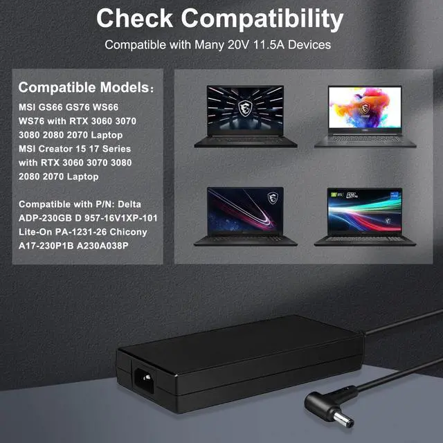 Alt view image 2 of 5 - JUYOON 20V 11.5A 230w Charger for Msi GS66 GS76 WS66 WS76 Msi Creator 15 17 Laptop Power Cord A17-230P1B A230A038P xpg Xenia 15g 2023 Laptop Charger