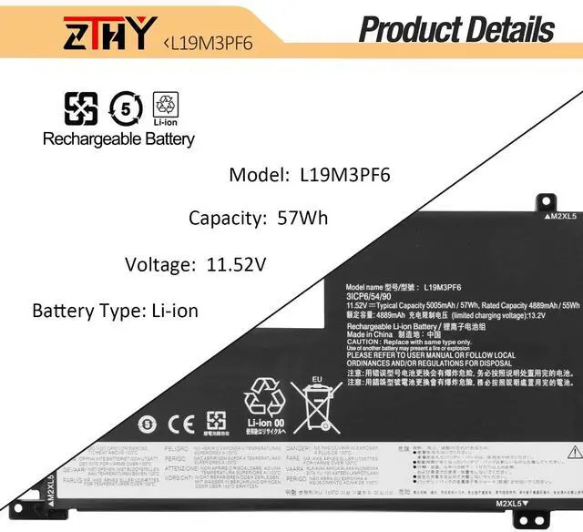 Alt view image 3 of 5 - ZTHY 57Wh L19M3PF6 Laptop Battery Replacement for Lenovo Ideapad 5-15IIL05 5-15ARE05 5-15ITL05 5-15ARE05 5 15IAL7 5 15ABA7 Series L19L3PF2 L19C3PF5 L19M4PF1 L19L4PF1 L19C4PF1 L19D3PF3 L19C3PF4 11.52V