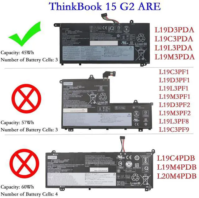 Alt view image 3 of 5 - EPYOBW L19D3PDA Laptop Battery 45Wh Compatible with Lenovo ThinkBook 14 G2 ITL are / 14 G3 ACL ITL / 14 G4 ABA IAP / 15 G2 ITL are / 15 G3 ACL ITL / 15 G4 ABA IAP Series L19M3PDA L19C3PDA L19L3PDA