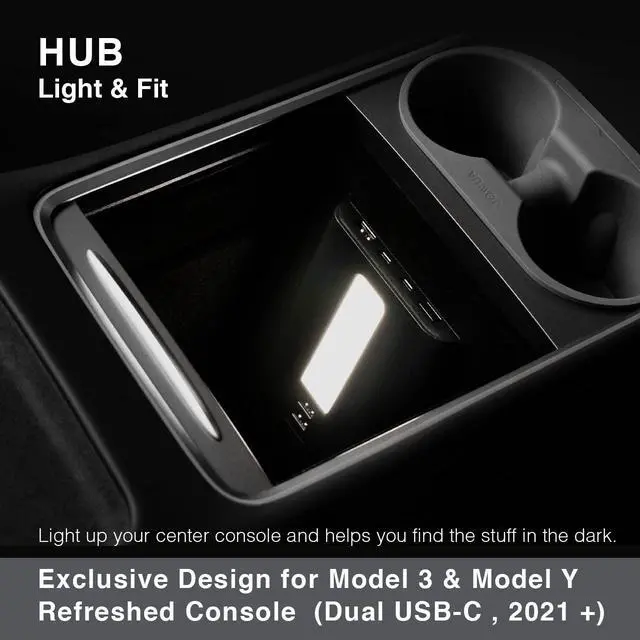 Alt view image 2 of 5 - JOWUA Model 3/Y USB Dual USB-C 45W Hub with LED Light with Dual USB-C Ports, 3 USB-A Ports