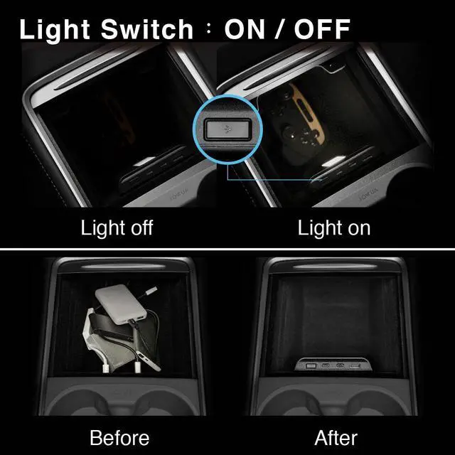 Alt view image 3 of 5 - JOWUA Model 3/Y USB Dual USB-C 45W Hub with LED Light with Dual USB-C Ports, 3 USB-A Ports