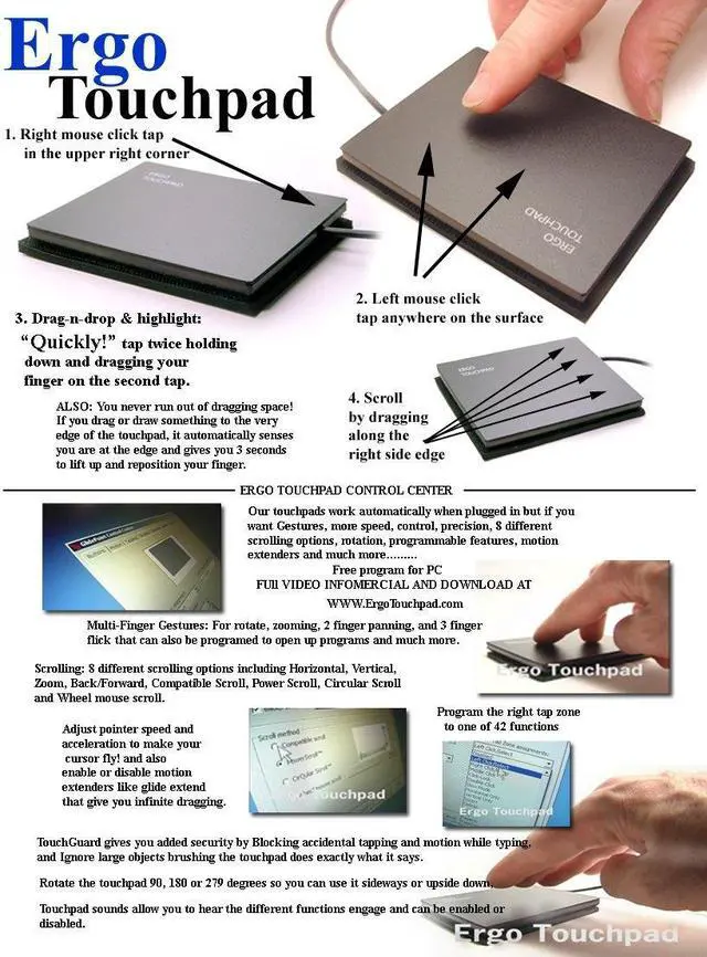 Alt view image 4 of 5 - Extra Large Ergo Touchpad ETP001ELTP Wired USB - Black - Low Profile - Easy Attach with Included Hook & Loop or Separate Tabletop Foam Pad, 3.8 x 3 Inch Dimension