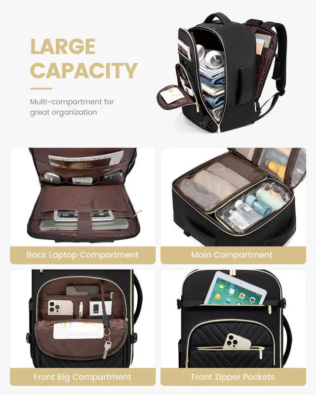 Alt view image 3 of 5 - LOVEVOOK Large Travel Backpack for Women, 50L Carry on Backpack for Airplanes, TSA Personal Item Travel Bag for Women fits 18" Laptop, Waterproof Carry on Bags with 4 Packing Cubes, Black