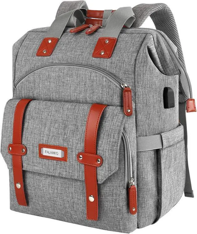 Main image of FALANKO Laptop Backpack for Women, Work Doctor Teacher Nurse Wide Open College School Student 17.3 Inch Laptops Bookbag Purse with USB Charging Port, Travel RFID Computer Bag for Men Women Girls Grey