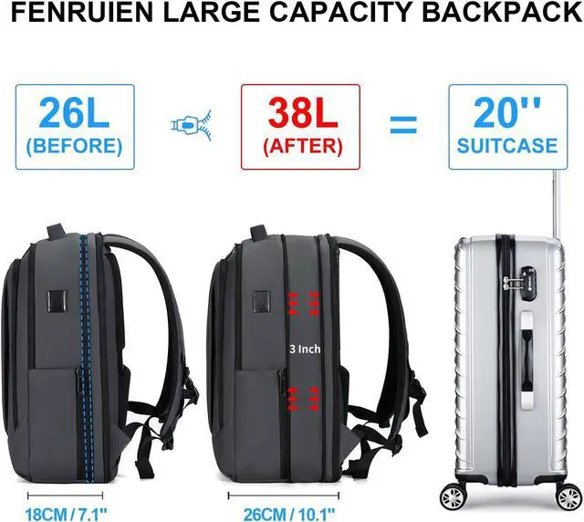 Alt view image 2 of 5 - FENRUIEN Business Travel Backpack, Expandable Computer Backpack with USB Port, Gray Laptop Backpack 15.6 Inch for College/Work