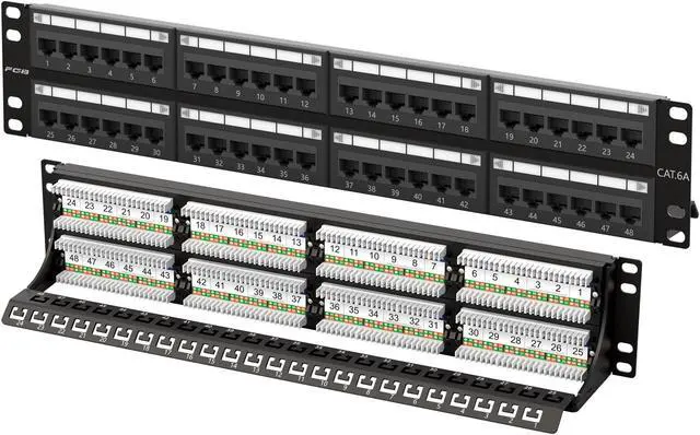 Main image of FGB 10Gbps Cat6A Patch Panel, 48-Port RJ45 Ethernet Patch Panel for 19" Rackmount or Wall Mount, 2U Network Panel for Gigabit Networks