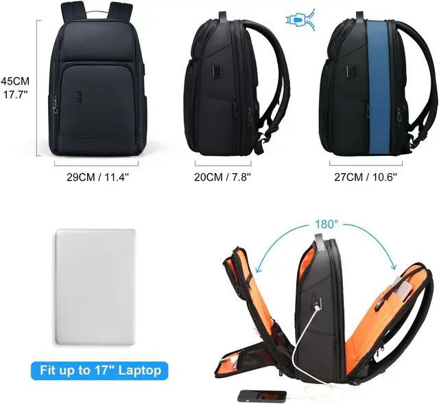 Alt view image 2 of 5 - FENRUIEN 17 Inch Travel Backpack for Men, Expandable Water Resistant Computer Backpack with USB Port, Black Laptop Bag for Business/College/Work