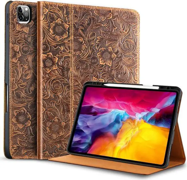 Main image of Gexmil Leather Case for iPad Pro 12.9 Inch, 6th/5th/4th/3rd Generation 2022/2021/2020/2018,Genuine Leather Folio Cover Shockproof with Stylus Holder,Auto Sleep/Wake Anti-Slip,Flower Pattern