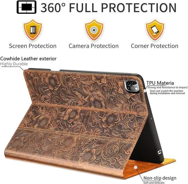 Alt view image 4 of 5 - Gexmil Leather Case for iPad Pro 12.9 Inch, 6th/5th/4th/3rd Generation 2022/2021/2020/2018,Genuine Leather Folio Cover Shockproof with Stylus Holder,Auto Sleep/Wake Anti-Slip,Flower Pattern