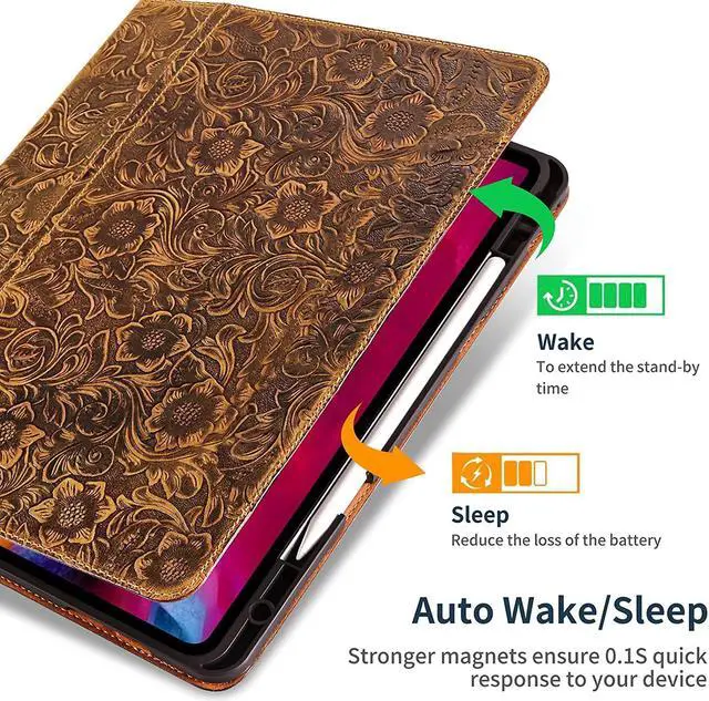 Alt view image 5 of 5 - Gexmil Leather Case for iPad Pro 12.9 Inch, 6th/5th/4th/3rd Generation 2022/2021/2020/2018,Genuine Leather Folio Cover Shockproof with Stylus Holder,Auto Sleep/Wake Anti-Slip,Flower Pattern