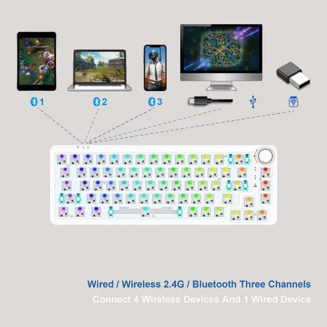 Alt view image 2 of 5 - GK GAMAKAY LK67 65% RGB Modular DIY Mechanical Keyboard, 67 Keys Hot Swappable 3pin/5pin Switch, Programmable Triple Mode Bluetooth 5.0/USB-C Wired/2.4GHz Wireless Customized Keyboard Kit (White)