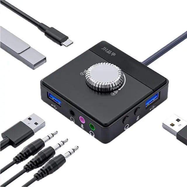 Main image of PEIYUI Max External Sound Card, USB Audio Adapter for PC Windows, Mac, Linux, Laptops, Desktops, Stereo Sound Card with 3.5mm Interface & USB Interface, Volume Control, Plug & Play (6-in-1, Black)