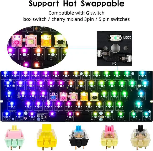 Alt view image 4 of 5 - Guffercty kred GK61X PCB Plate Case 60% Keyboard Custom Hot Swappable RGB Keyboard DIY Kit Wired Tyce-C for 3/5 Pin Switch (GK61X Black)
