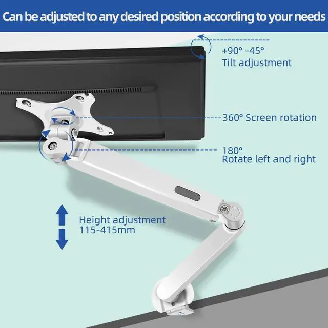 Alt view image 2 of 5 - HILLPORT White Single Monitor Arm Mount 17 to 34 inch Articulating Gas Spring Arm 4.4 to 19.8lbs Adjustable Vesa 100 * 100mm Desk Stand with Clamp and Grommet LCD Computer Monitors Brachet M5W