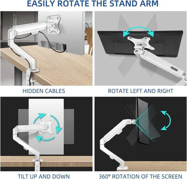 Alt view image 4 of 5 - HILLPORT White Single Monitor Arm Mount 17 to 34 inch Articulating Gas Spring Arm 4.4 to 19.8lbs Adjustable Vesa 100 * 100mm Desk Stand with Clamp and Grommet LCD Computer Monitors Brachet M5W