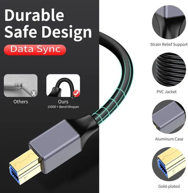 Alt view image 4 of 5 - GOSYSONG USB 3.0 Printer Cable - 30ft, USB A to USB B 3.0 Compatible with Conference Camera, Docking Station, Hard Drive, Scanner, Vidicon and More