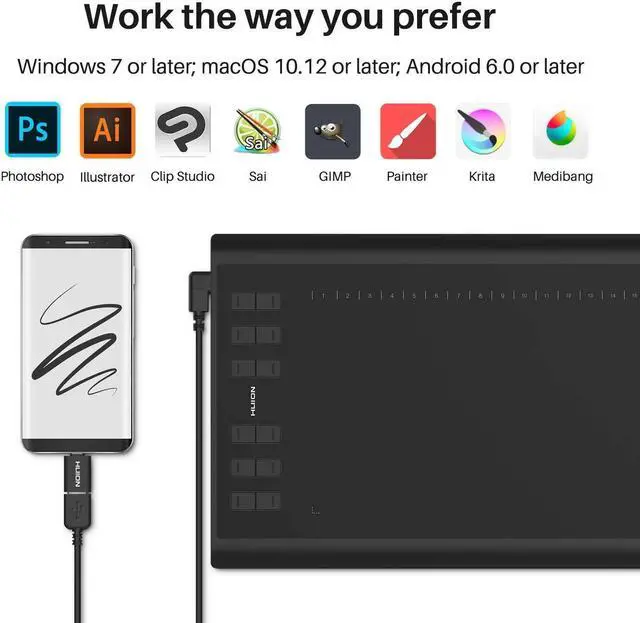 Alt view image 5 of 5 - Huion Inspiroy H1060P Graphics Drawing Tablet with 2 PCS Digital Pen PW100, OTG Adapter Included
