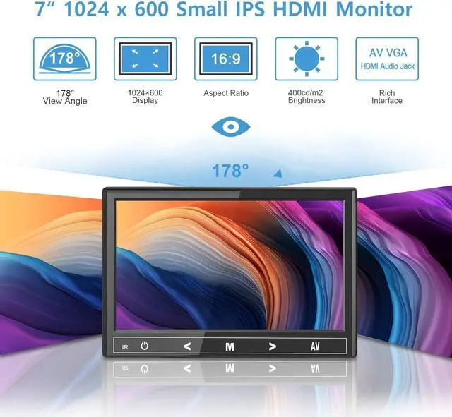 Alt view image 2 of 5 - Haiway 7 inch Mini Monitor, 1024X600 IPS Small HDMI Monitor VGA AV for PC/CCTV/Raspberry PI/Security Camera/Gaming, Build in Speakers & Earphone Jack, with Remote Control