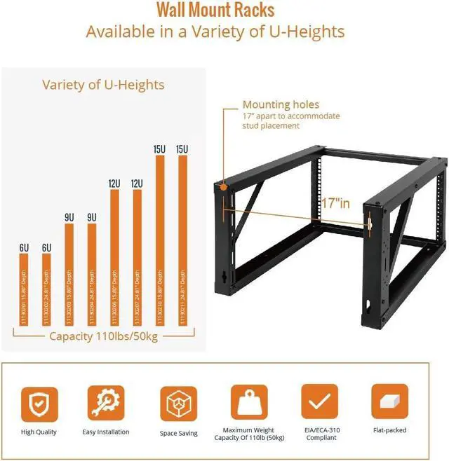 Alt view image 5 of 5 - Tecmojo 6U Wall Mount Rack, Wall Mount Network Rack 24.8in Depth, Open Frame Server Rack for 19in IT/AV/Data/Home Equipment, Black