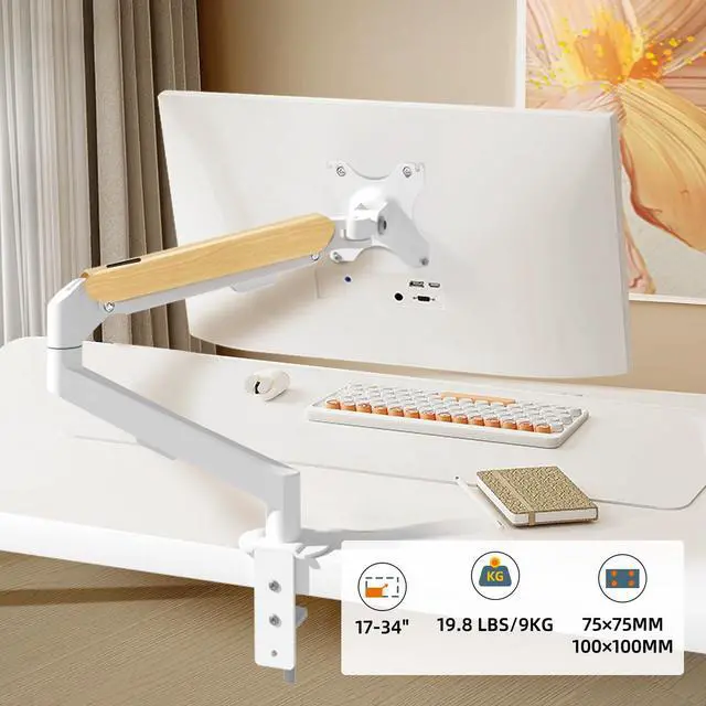 Alt view image 5 of 5 - HILLPORT Single White Monitor Desk Arm Mount, Adjustable Gas Spring Support 17-34 Inch, 4.4-19.8lbs Screen, Computer Stand Holder with Clamp/Grommet Mounting Base VESA Bracket M5W-M