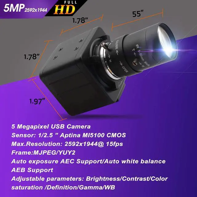 Alt view image 5 of 5 - Hotpet 5 Megapixel USB Camera 5-50mm Varifocal Lens Webcam HD 2592X1944 15fps USB Camera Aptina Sensor Webcamera with Aluminum Mini Box for Android Windows Linux PC Mac, Plug&Play,OTG 2.0