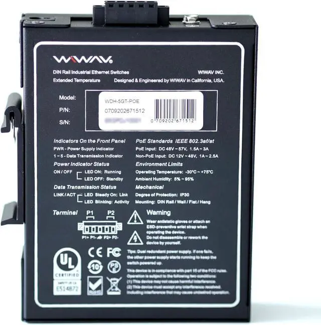 Alt view image 2 of 5 - WIWAV WDH-5GT-POE 10/100/1000Mbps Unmanaged 5-Port PoE Industrial Ethernet Switches with DIN Rail/Wall-Mount (UL Listed,Fanless,-30~75)