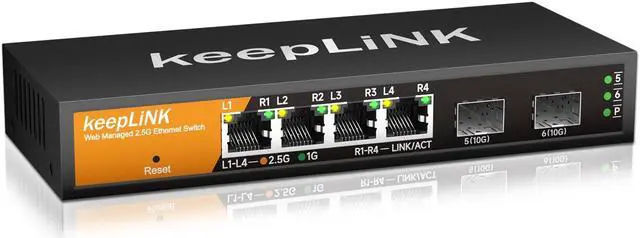 Main image of keepLiNK 6 Port 2.5G Smart Web Managed Switch, 4 x 2.5G Base-T Ports, 2 x 10G SFP+ Slots, Support Static Link Aggregation, QoS/VLAN/IGMP, Metal Fanless Multi-Gig Network Ethernet Switch