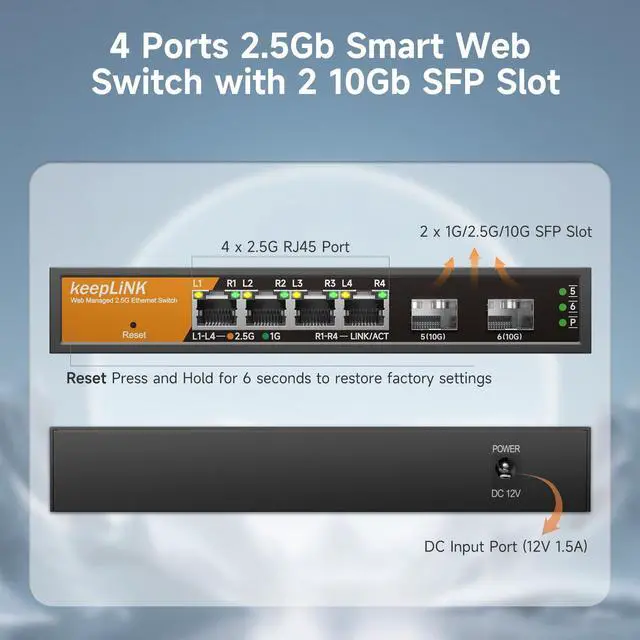 Alt view image 2 of 5 - keepLiNK 6 Port 2.5G Smart Web Managed Switch, 4 x 2.5G Base-T Ports, 2 x 10G SFP+ Slots, Support Static Link Aggregation, QoS/VLAN/IGMP, Metal Fanless Multi-Gig Network Ethernet Switch