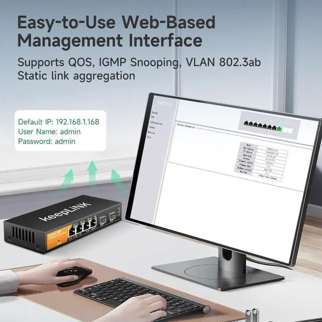 Alt view image 3 of 5 - keepLiNK 6 Port 2.5G Smart Web Managed Switch, 4 x 2.5G Base-T Ports, 2 x 10G SFP+ Slots, Support Static Link Aggregation, QoS/VLAN/IGMP, Metal Fanless Multi-Gig Network Ethernet Switch