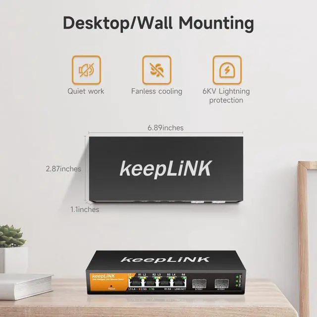Alt view image 5 of 5 - keepLiNK 6 Port 2.5G Smart Web Managed Switch, 4 x 2.5G Base-T Ports, 2 x 10G SFP+ Slots, Support Static Link Aggregation, QoS/VLAN/IGMP, Metal Fanless Multi-Gig Network Ethernet Switch