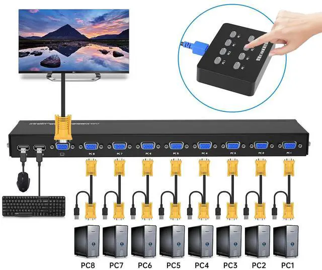 Alt view image 4 of 5 - Yinker 8 Port VGA KVM + 9 Pack VGA KVM Cables