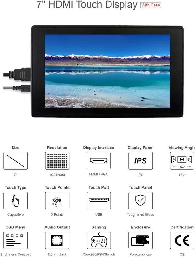 Alt view image 2 of 5 - Ingcool 7inch HDMI LCD with Case for Raspberry Pi Capacitive Touchscreen 1024x600 IPS Display Screen Monitor Compatible with Raspberry Pi 4B/3B+/3B/Zero/Jetson Nano Support Windows 10/8.1/8/7