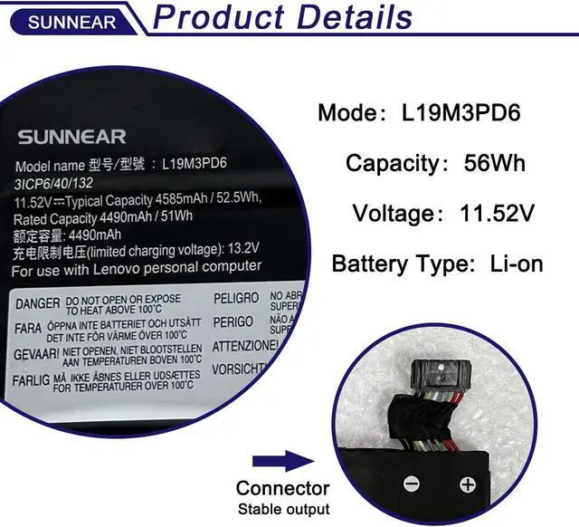 Alt view image 2 of 5 - SUNNEAR L19M3PD6 Laptop Battery Replacement for Lenovo Flex 5-14ARE05 5-15IIL05 5-14IIL05 82DF 81X2 Series L19L3PD6 5B10X49072 L19D3PD6 5B10X49075 5B10X49077 L19C3PD6 5B10X49073 11.52V 56Wh 4915mAh