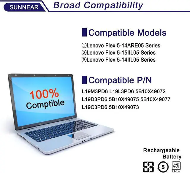 Alt view image 5 of 5 - SUNNEAR L19M3PD6 Laptop Battery Replacement for Lenovo Flex 5-14ARE05 5-15IIL05 5-14IIL05 82DF 81X2 Series L19L3PD6 5B10X49072 L19D3PD6 5B10X49075 5B10X49077 L19C3PD6 5B10X49073 11.52V 56Wh 4915mAh