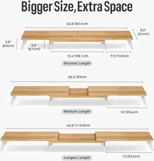 Alt view image 2 of 5 - loukin Dual Monitor Stand Riser for Desk, 43.6"*8.2"*3.2" Large Computer Stand for 2 Monitors, Laptop, Printer, Length and Angle Adjustable Computer Shelf, Home Office,Max 43.6" Length Natural