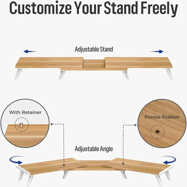 Alt view image 3 of 5 - loukin Dual Monitor Stand Riser for Desk, 43.6"*8.2"*3.2" Large Computer Stand for 2 Monitors, Laptop, Printer, Length and Angle Adjustable Computer Shelf, Home Office,Max 43.6" Length Natural