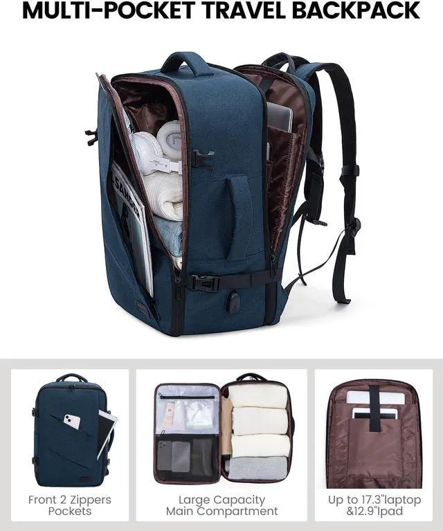 Alt view image 3 of 5 - LOVEVOOK Carry on Travel Backpack, Large 50L for Men & Women Flight Approved with USB Charging Port&3 Packing Cubes, Large Suitcase Water Resistant Luggage Daypack Business Weekender Bag, Navy Blue