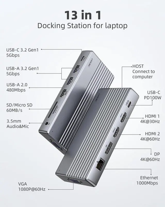 Alt view image 2 of 5 - Docking Station, USB C Docking Station(13-in-1) Support Dual/Triple Display with Dual HDMI, DP, VGA, 100W PD, Gigabit Ethernet, 4USB, SD/TF Card Reader, 3.5mm Audio Multi-Port for Laptop and More