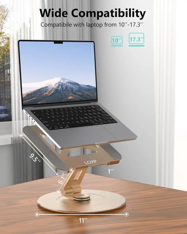 Alt view image 2 of 5 - LOXP Ultra-Stable Aluminumy Swivel Laptop Stand for Desk with Rotating Foldable Phone Holder, 300% Large Base Stability, Anti-Loosening,Suitable for 10"-17.3" Laptops, Champagne Golden