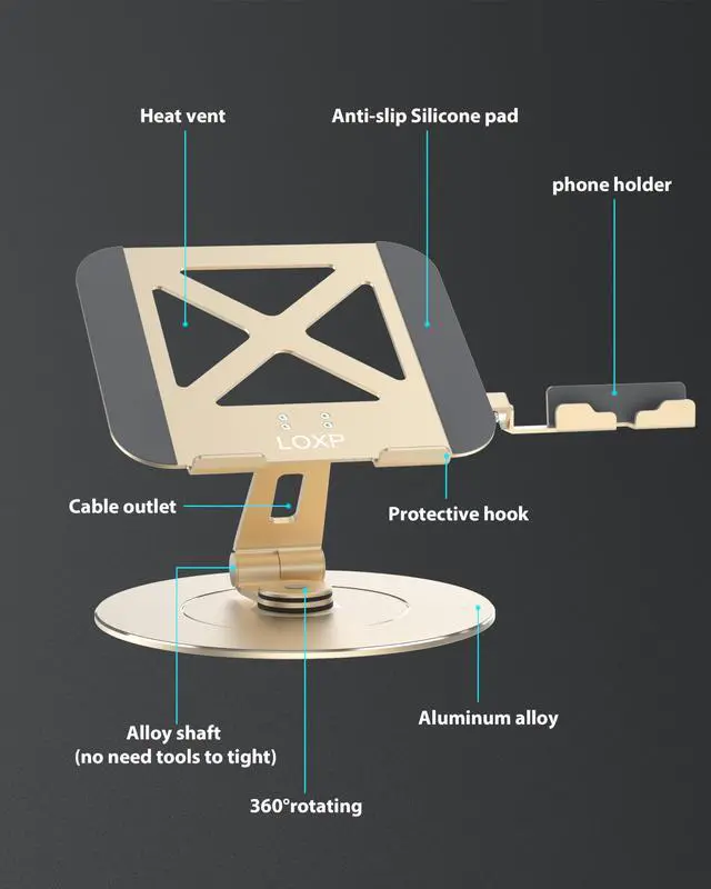 Alt view image 4 of 5 - LOXP Ultra-Stable Aluminumy Swivel Laptop Stand for Desk with Rotating Foldable Phone Holder, 300% Large Base Stability, Anti-Loosening,Suitable for 10"-17.3" Laptops, Champagne Golden