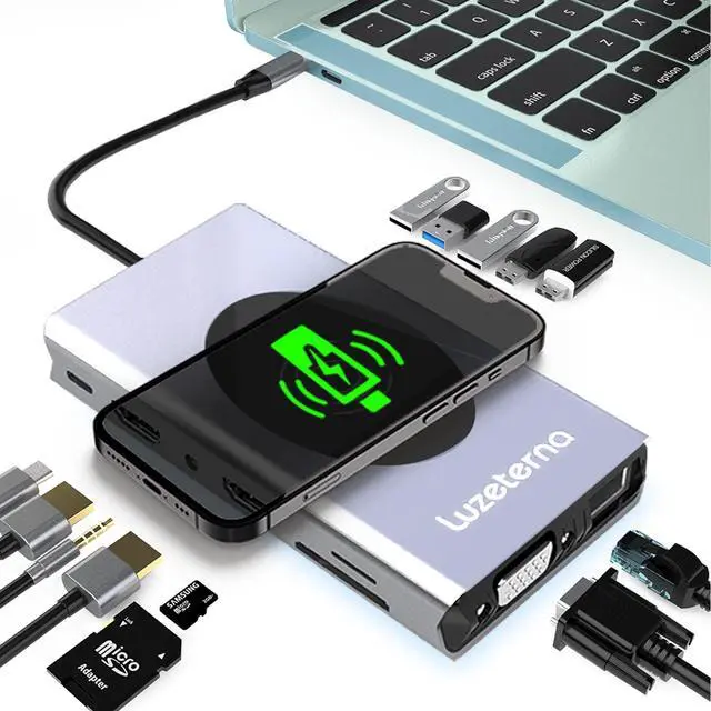 Main image of 14 in 1 Docking Station with Wireless Charging,Triple and 4K Display,Dual HDMI for USB C Hub,100W PD, 5 USB Ports,SD,TF,VGA,Compatible for Multiple Device:Switch,MacBook,Dell,Thinkpad