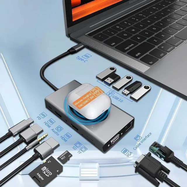 Alt view image 2 of 5 - 14 in 1 Docking Station with Wireless Charging,Triple and 4K Display,Dual HDMI for USB C Hub,100W PD, 5 USB Ports,SD,TF,VGA,Compatible for Multiple Device:Switch,MacBook,Dell,Thinkpad