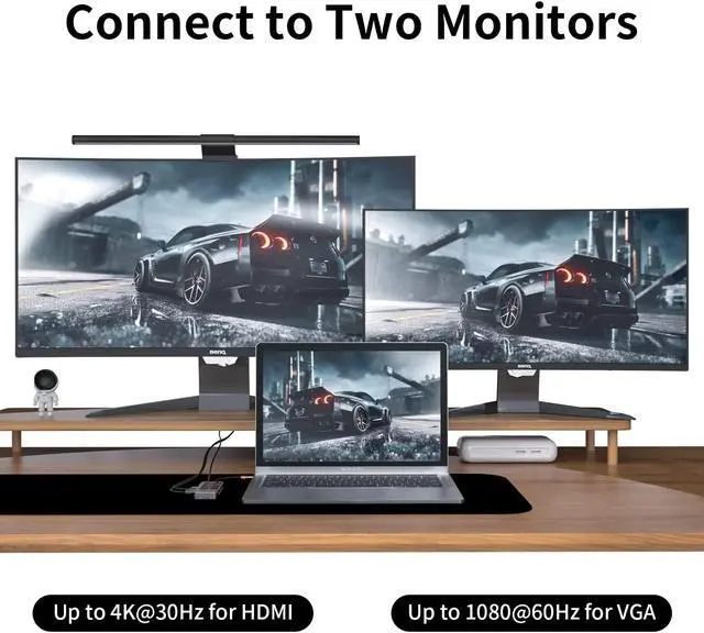 Alt view image 3 of 5 - MEANHIGH Docking Station, 10-in-1 USB C Dual Monitor Dock Station, HDMI 4K, VGA, 3 USB Port, SD/TF, 3.5mm Audio, PD 100W, Ethernet Multiport Adapter for Windows MacBook Air Pro Dell HP, 1 Pack, Gray